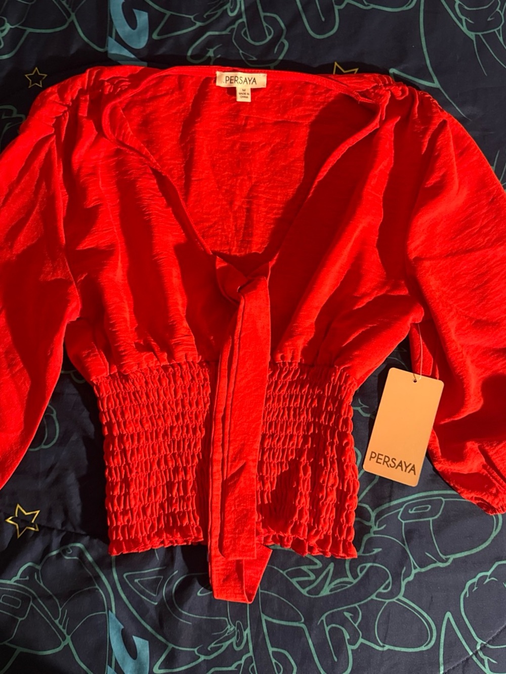 Persaya Vibrant Red Smocked Tie-Front Blouse